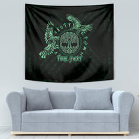 Dark Celtic raven tapestry with green rune details and 'YOUR TEXT' wording