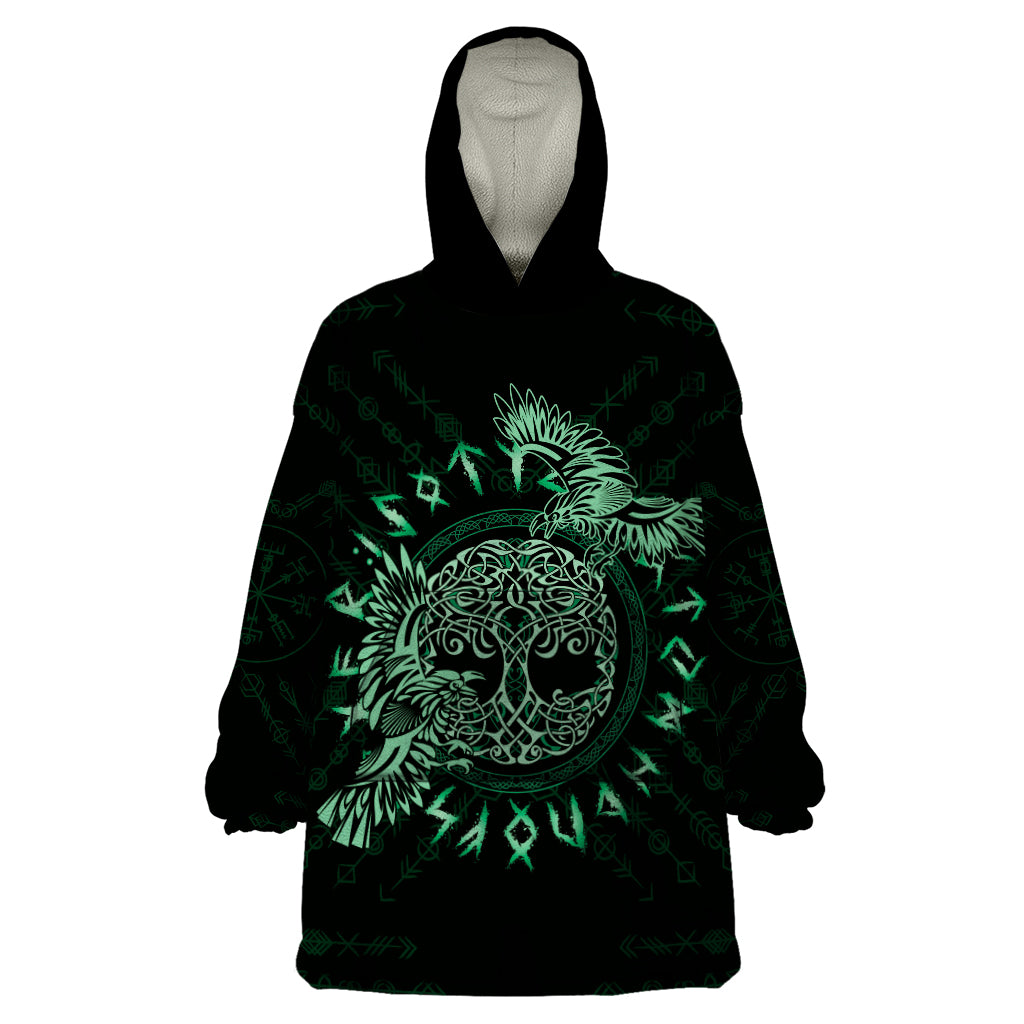 Personalized Odin's Celtic Raven Wearable Blanket Hoodie Green Scandinavian Tattoo