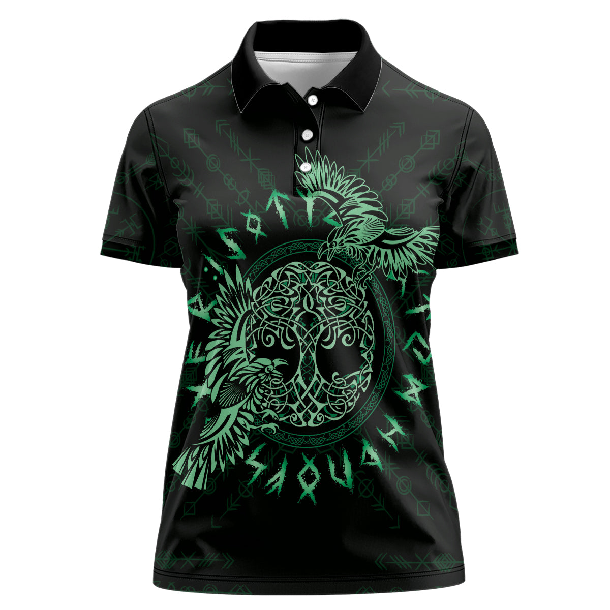 Personalized Odin's Celtic Raven Women Polo Shirt Green Scandinavian Tattoo