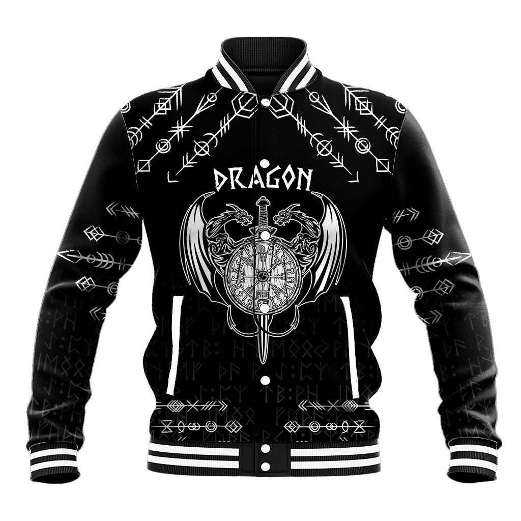 Black unisex baseball jacket with white ribbed collar and front dragon compass graphic