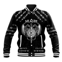 Black unisex baseball jacket with white ribbed collar and front dragon compass graphic