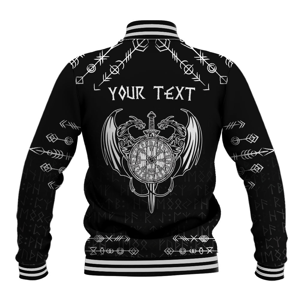 Black unisex baseball jacket with white ribbed collar; back dragon compass graphic with 'YOUR TEXT'
