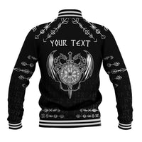 Black unisex baseball jacket with white ribbed collar; back dragon compass graphic with 'YOUR TEXT'