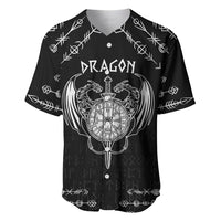 Black baseball jersey with white dragon and compass graphic, button-front polo collar
