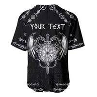 Black baseball jersey with white back graphic reading YOUR TEXT above dragon compass