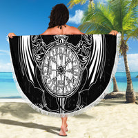 Black round beach blanket with white dragon crest, sword, and 'YOUR TEXT' center, fringed trim
