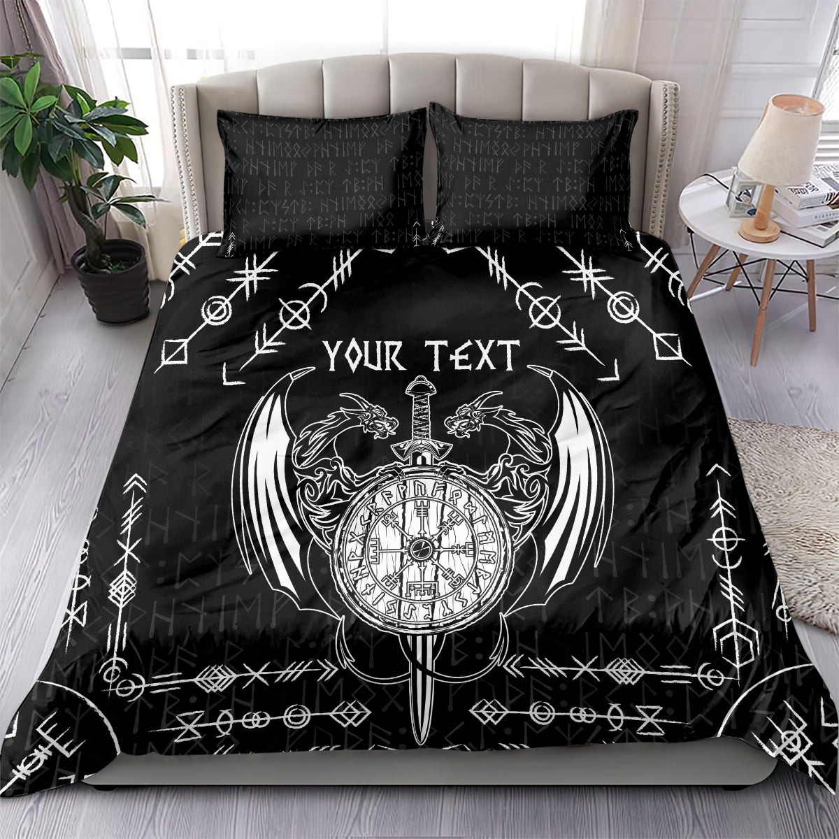 Black bedding set with white Viking compass, dragon wings, and two matching pillowcases.