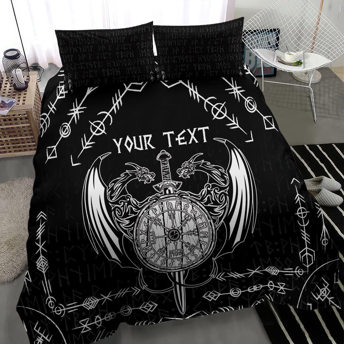 Black duvet and pillowcases with centered white Viking compass and geometric rune accents.