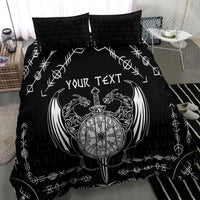 Black duvet and pillowcases with centered white Viking compass and geometric rune accents.