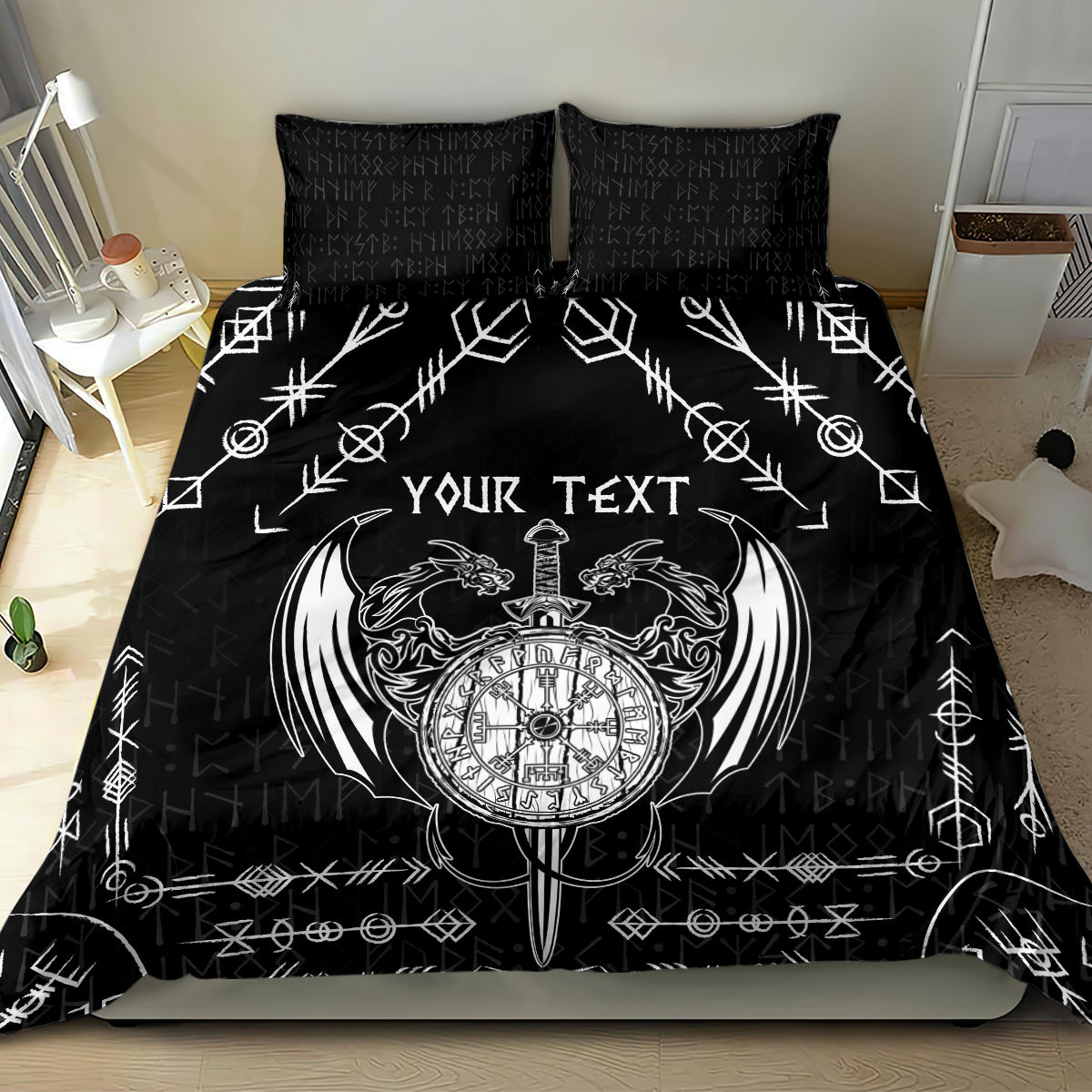 Black bedding set featuring white Viking compass emblem with dragon wings; two pillowcases.