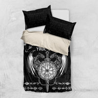 Black bedding set with white Viking compass graphic; includes two black pillowcases.