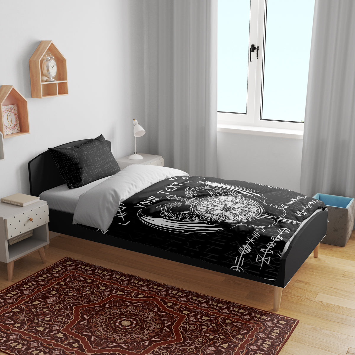 Black duvet with white Viking compass design on bed; matching pillows shown in scene.