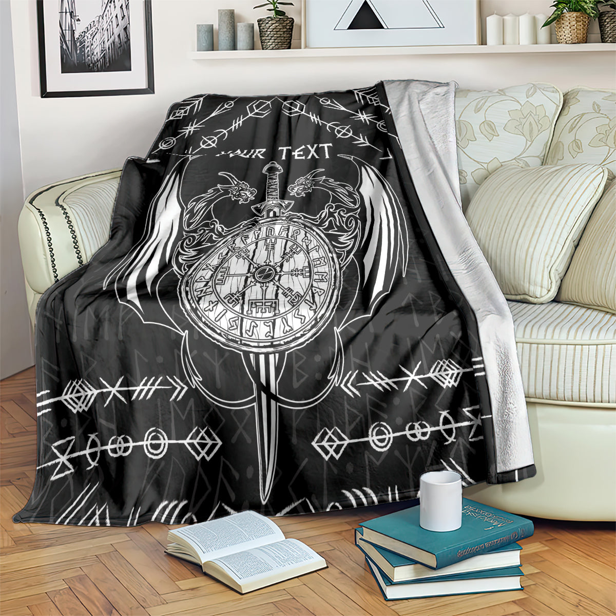 Personalized Viking Dragon Blanket with Sword Black Scandinavian Tattoo