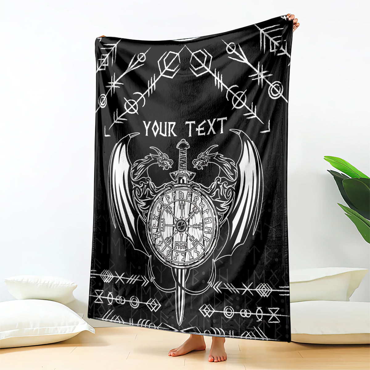 Black Viking blanket with compass wheel and sword, 'Your Text' printed with dragon wings.