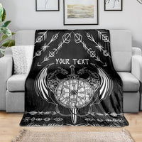 Black Viking dragon blanket with compass medallion and sword, geometric border, 'Your Text'.