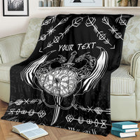 Black blanket with large compass wheel, sword between dragon wings, 'Your Text' motif.