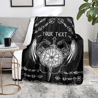 Black personalized Viking dragon blanket with compass wheel and sword, 'Your Text' artwork.