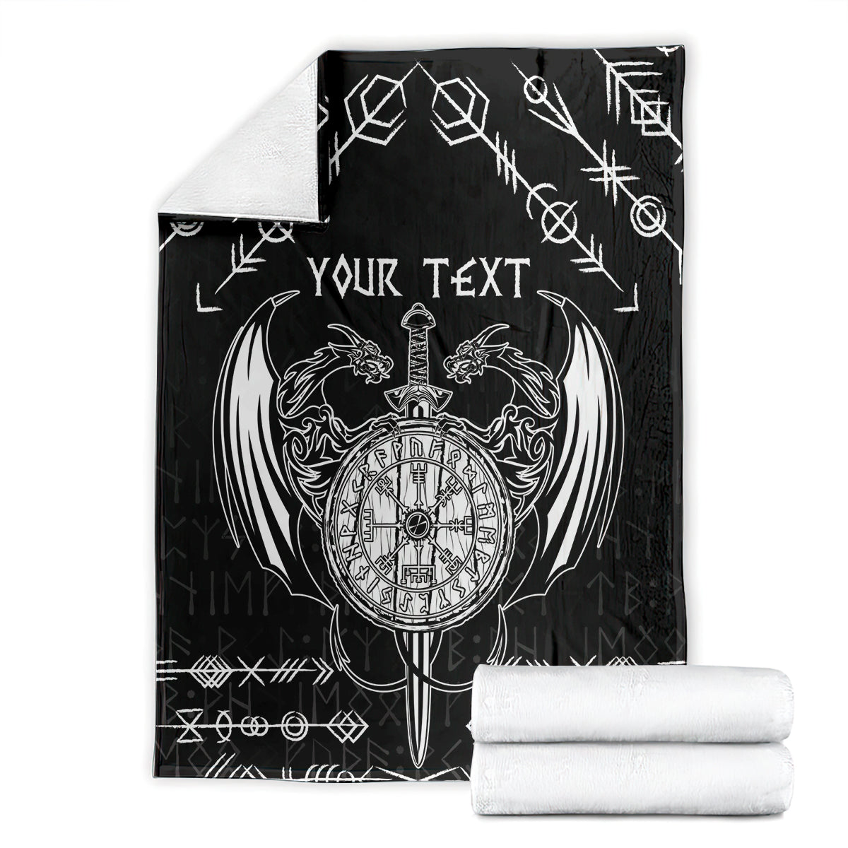 Black Viking dragon blanket, folded view, compass wheel and sword with 'Your Text'.