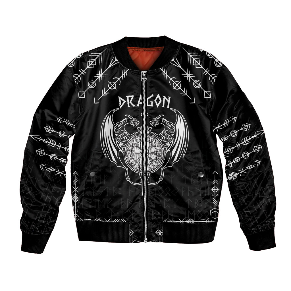 Black bomber jacket with front zipper, dragon shield tattoo graphic and Viking rune pattern
