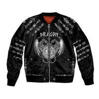 Black bomber jacket with front zipper, dragon shield tattoo graphic and Viking rune pattern