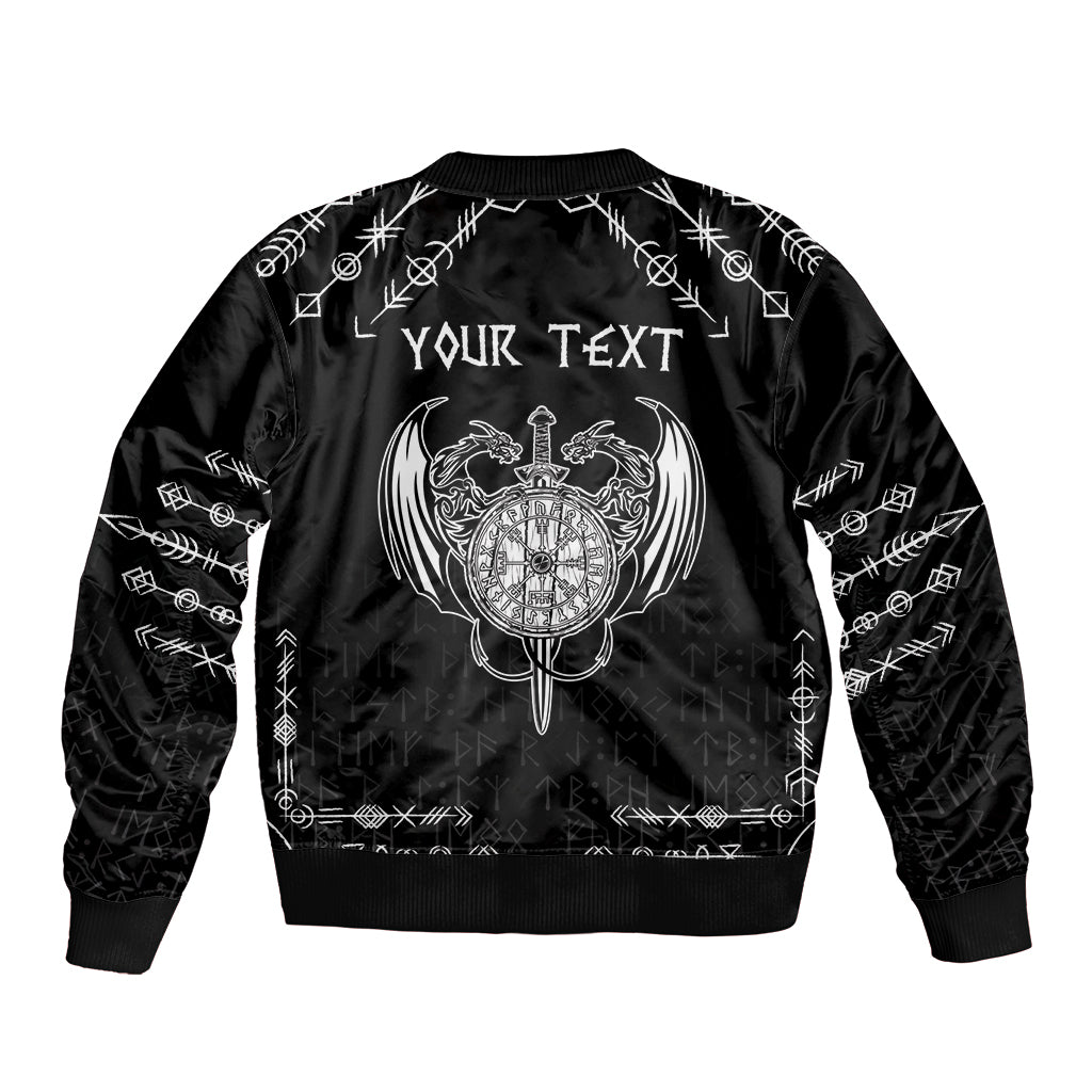 Black bomber jacket back print with dragon, compass, Viking symbols and 'YOUR TEXT'