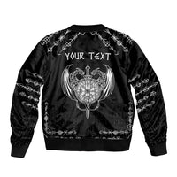 Black bomber jacket back print with dragon, compass, Viking symbols and 'YOUR TEXT'
