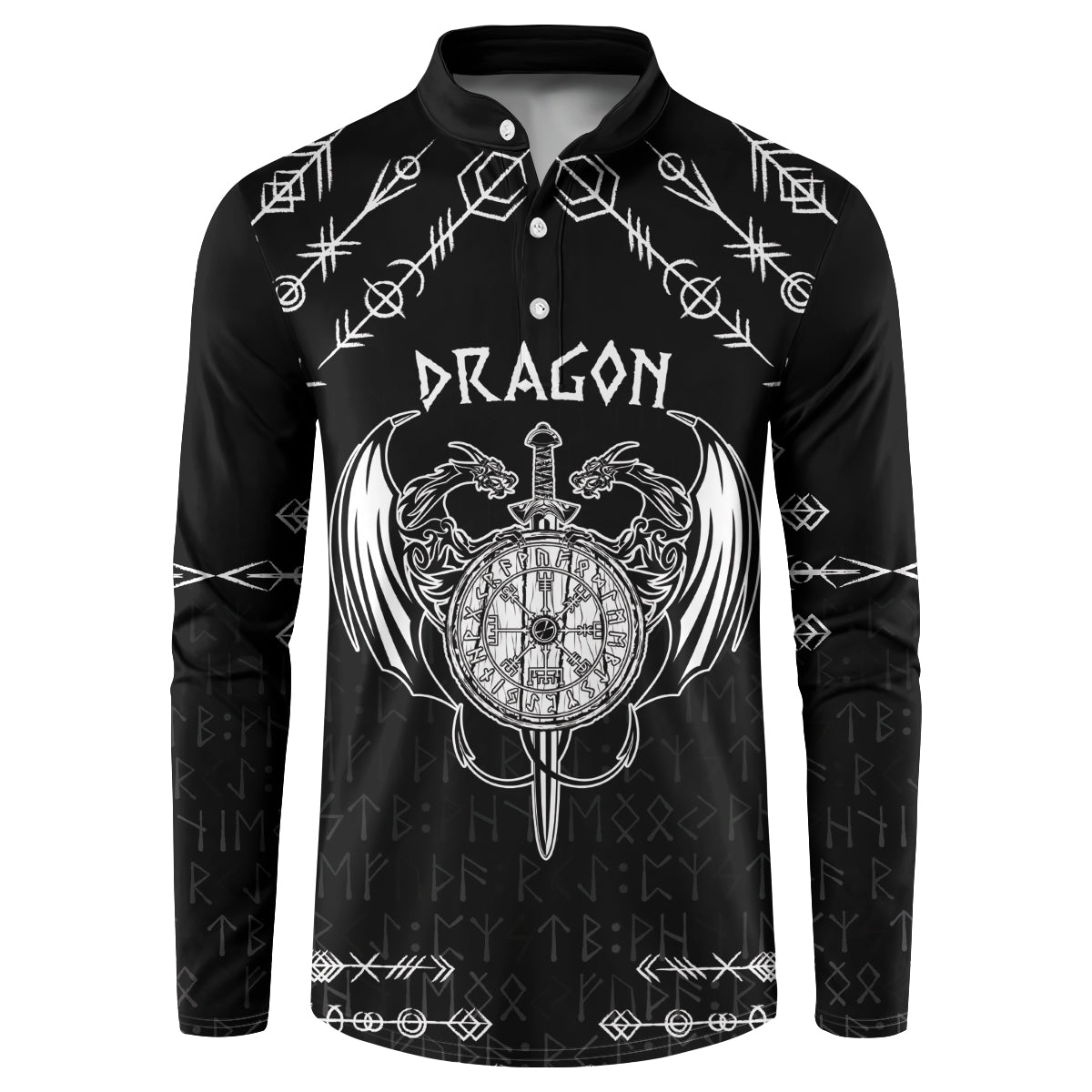 Black long-sleeve henley sweatshirt with dragon compass and rune-style border print