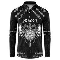 Black long-sleeve henley sweatshirt with dragon compass and rune-style border print