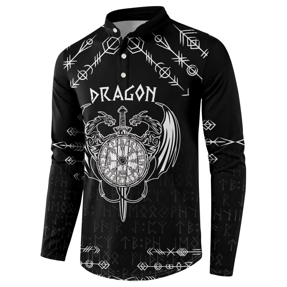 Black long-sleeve henley sweatshirt with dragon compass emblem and geometric rune accents