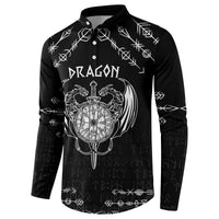 Black long-sleeve henley sweatshirt with dragon compass emblem and geometric rune accents