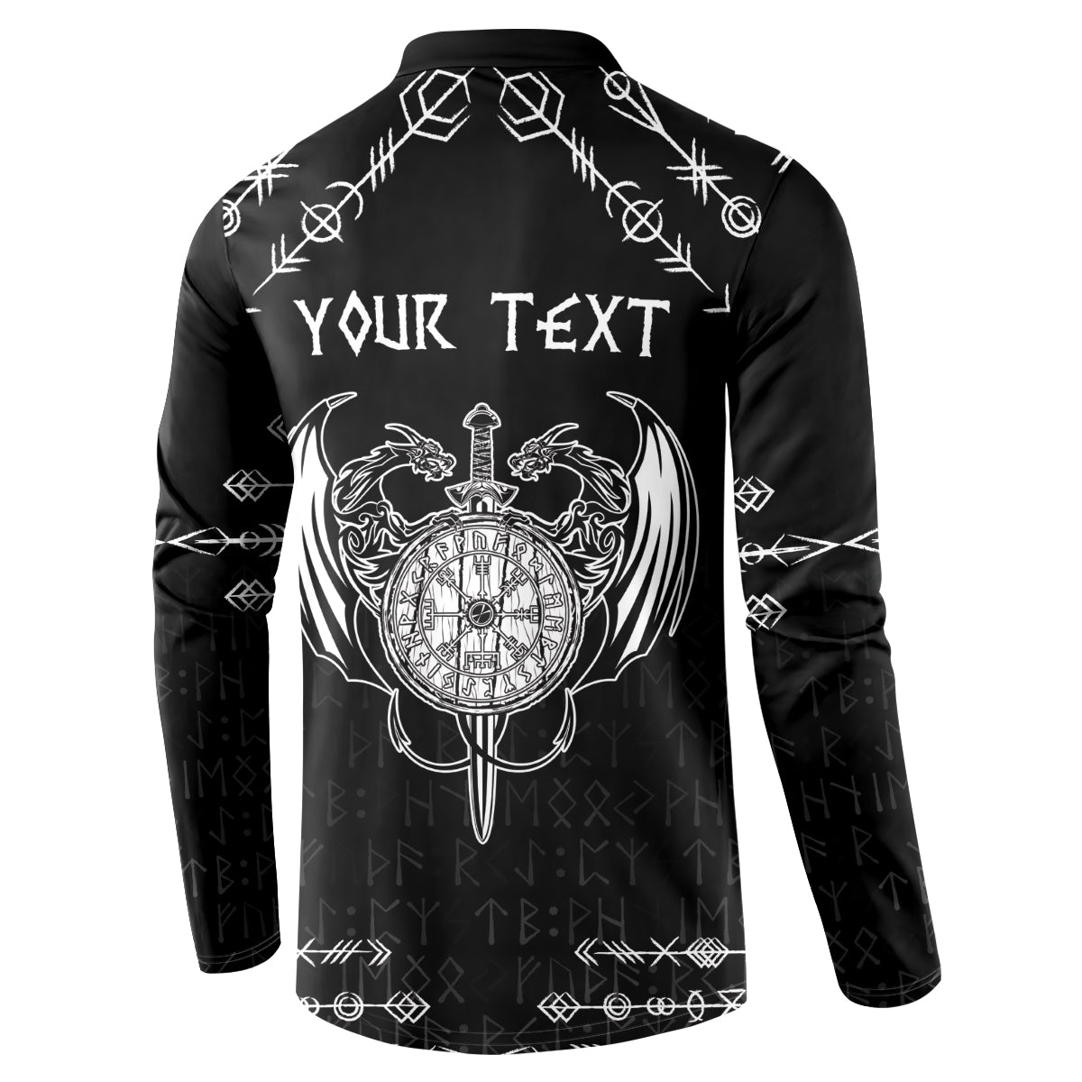 Black long-sleeve henley sweatshirt with back 'YOUR TEXT' and dragon compass emblem