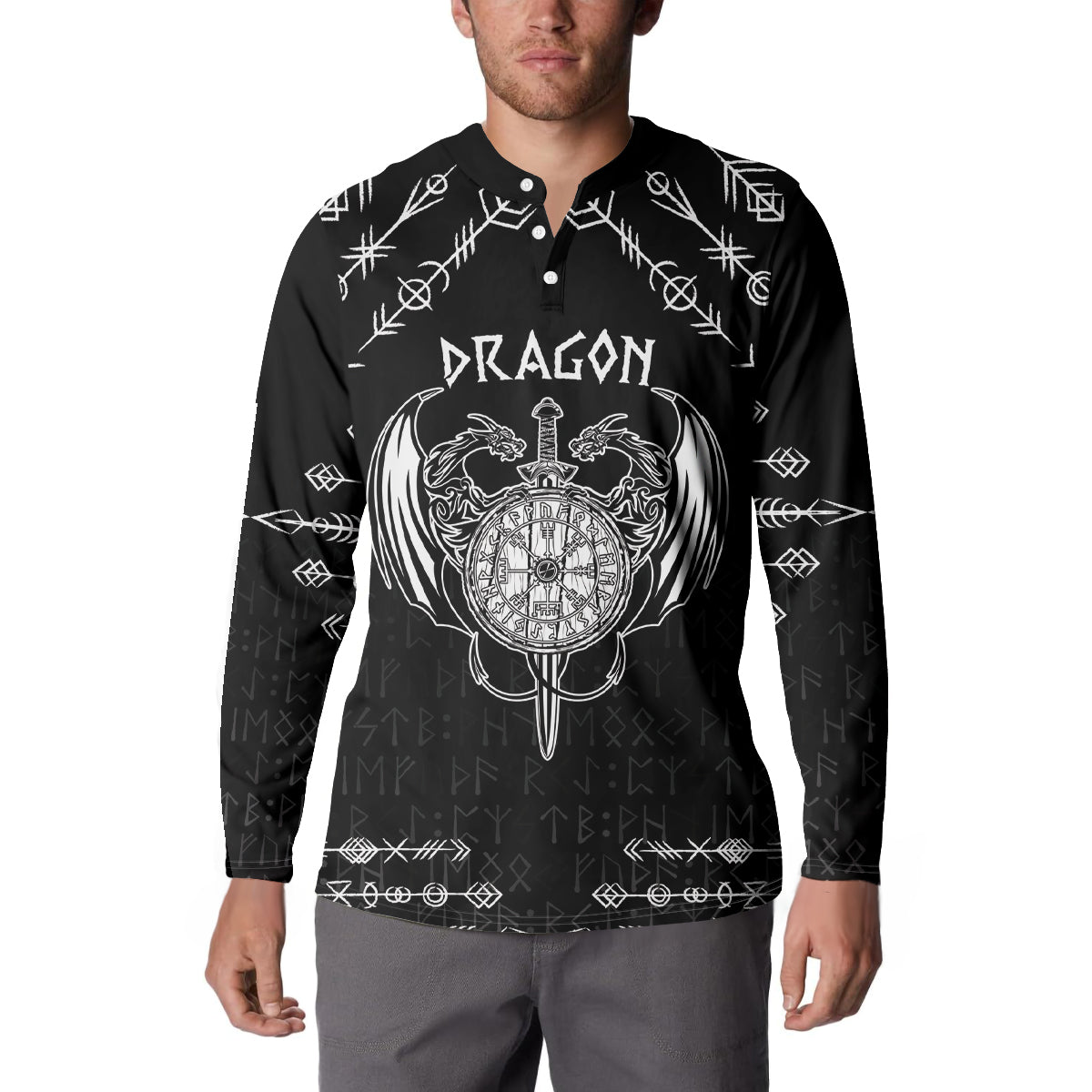 Black long-sleeve henley sweatshirt with button placket and dragon compass graphic