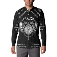 Black long-sleeve henley sweatshirt with button placket and dragon compass graphic