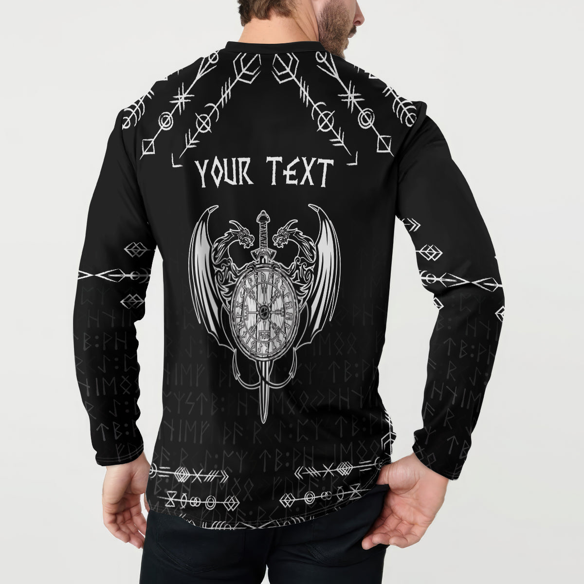 Black long-sleeve henley sweatshirt, back view with dragon compass emblem and text