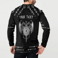 Black long-sleeve henley sweatshirt, back view with dragon compass emblem and text