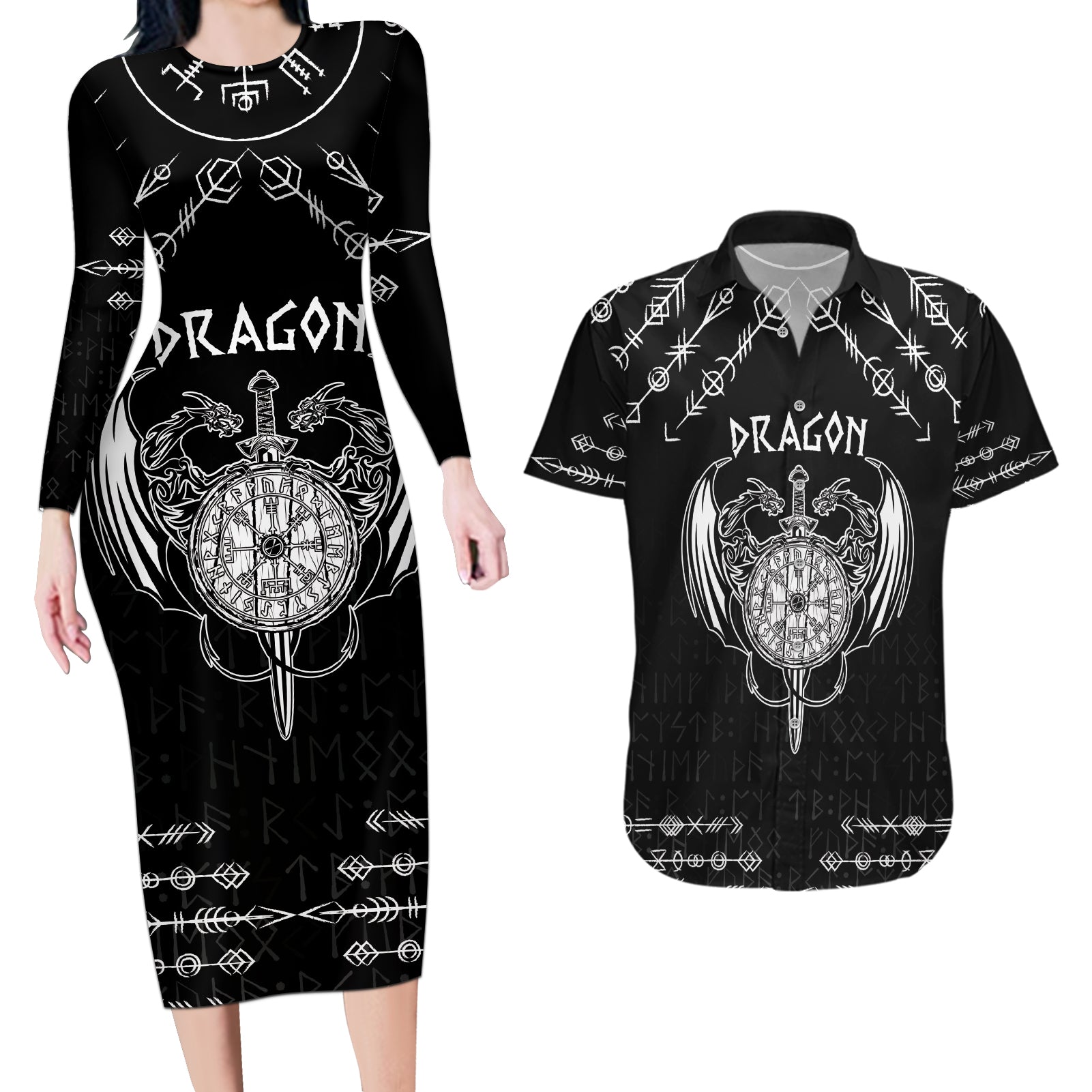 Personalized Viking Dragon Couples Matching Long Sleeve Bodycon Dress and Hawaiian Shirt with Sword Black Scandinavian Tattoo LT9 - Wonder Print Shop