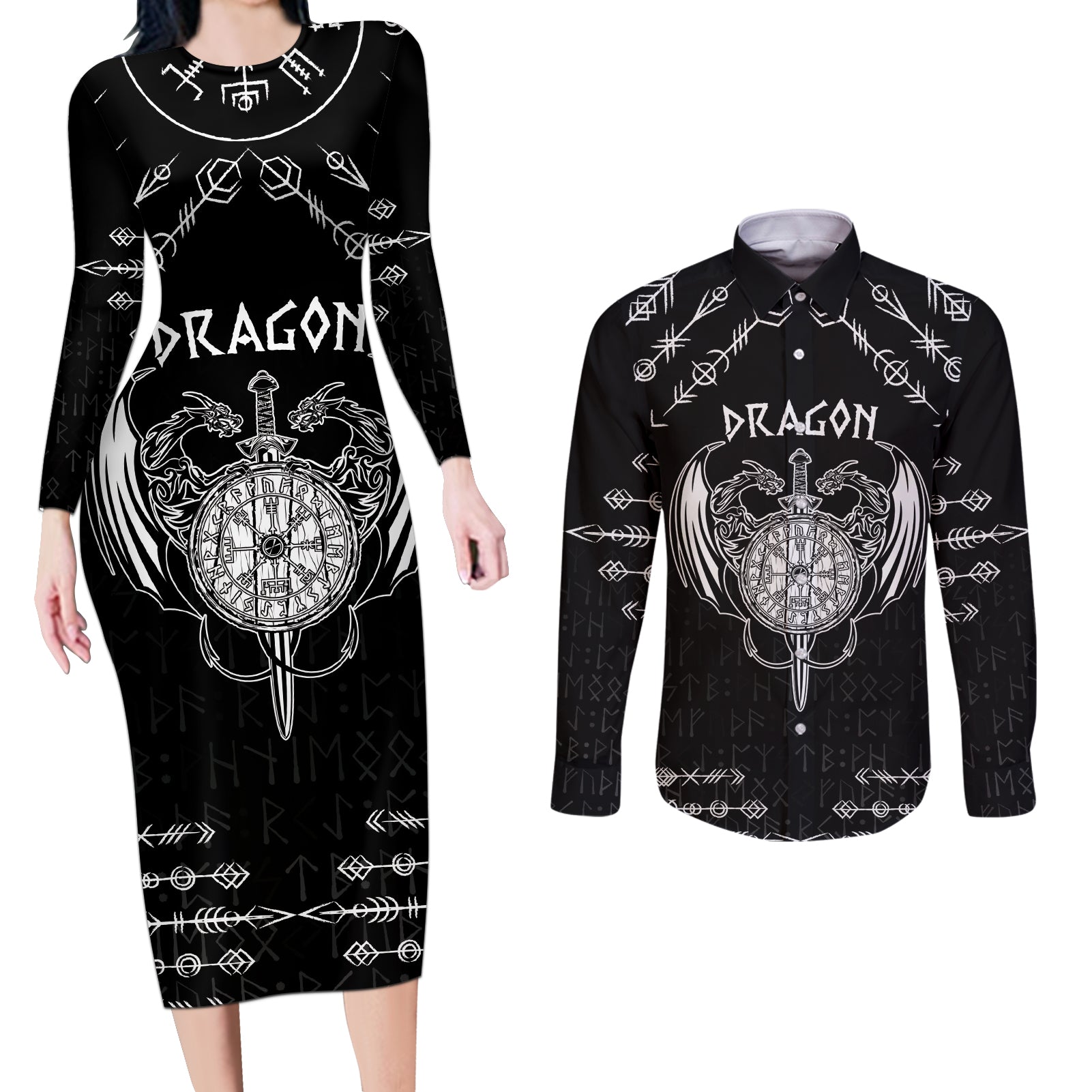 Personalized Viking Dragon Couples Matching Long Sleeve Bodycon Dress and Long Sleeve Button Shirt with Sword Black Scandinavian Tattoo LT9 - Wonder Print Shop