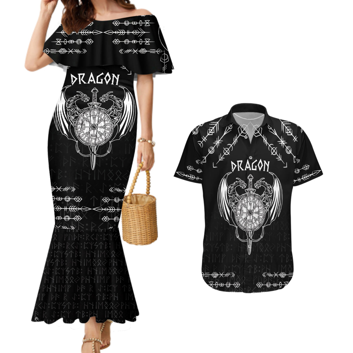 Personalized Viking Dragon Couples Matching Mermaid Dress and Hawaiian Shirt with Sword Black Scandinavian Tattoo LT9 - Wonder Print Shop