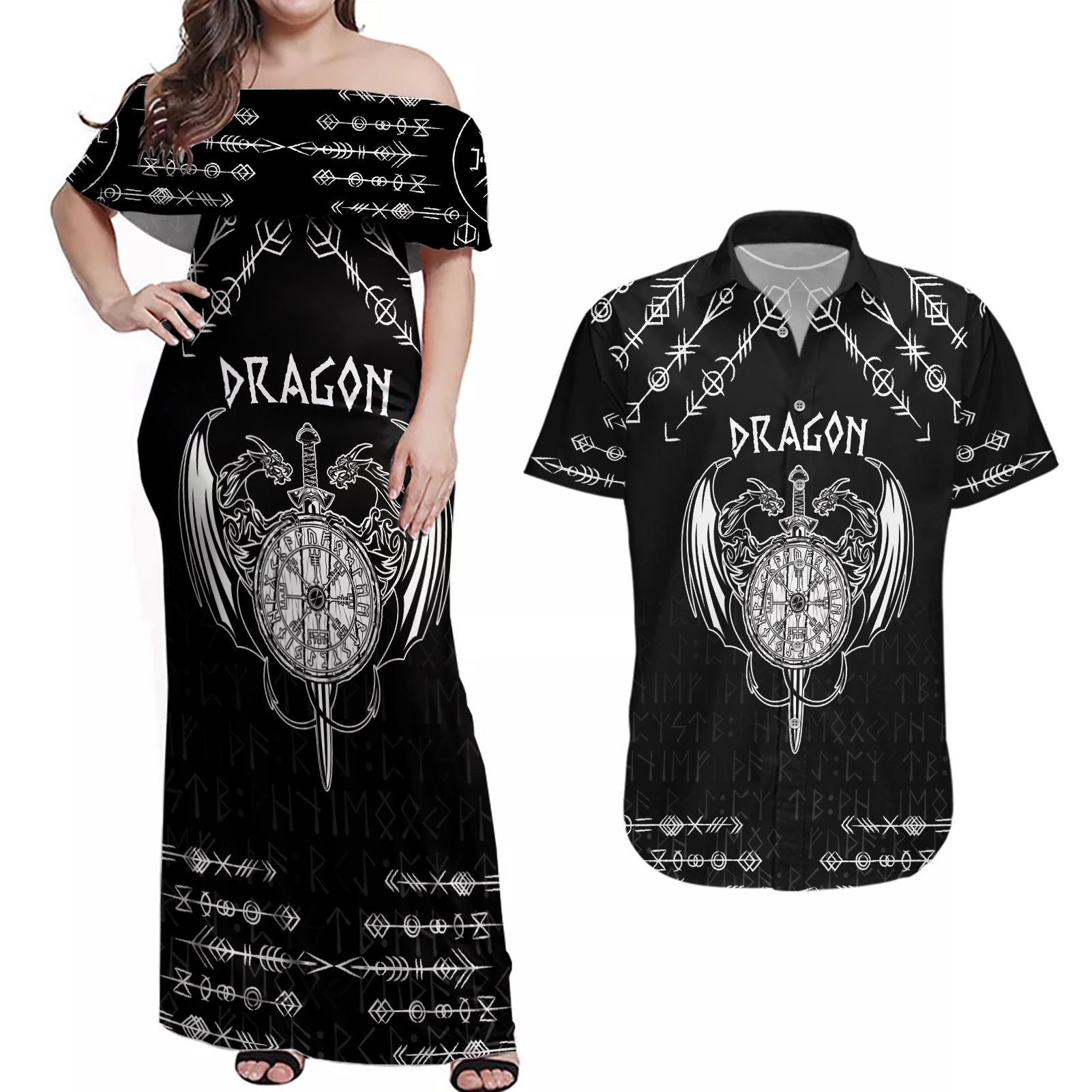 Personalized Viking Dragon Couples Matching Off Shoulder Maxi Dress and Hawaiian Shirt with Sword Black Scandinavian Tattoo LT9 - Wonder Print Shop