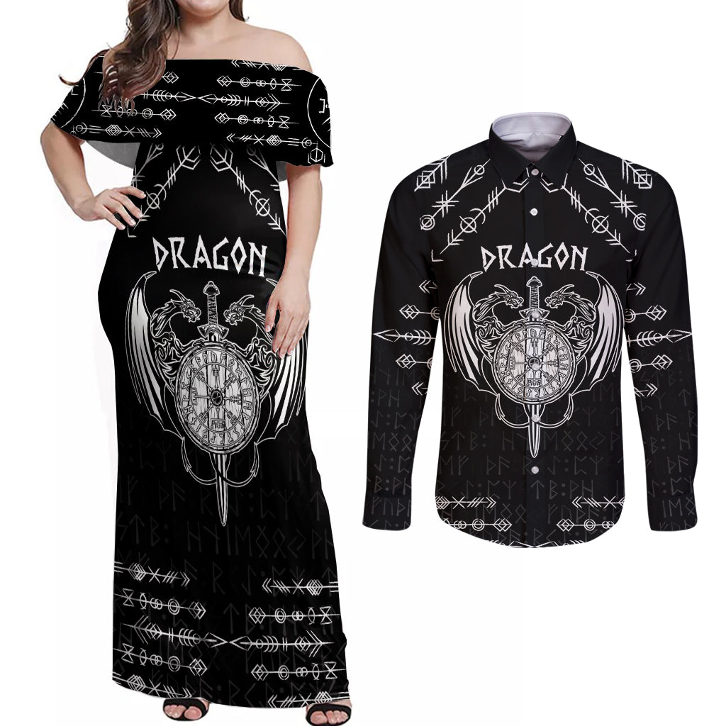 Personalized Viking Dragon Couples Matching Off Shoulder Maxi Dress and Long Sleeve Button Shirt with Sword Black Scandinavian Tattoo LT9 - Wonder Print Shop