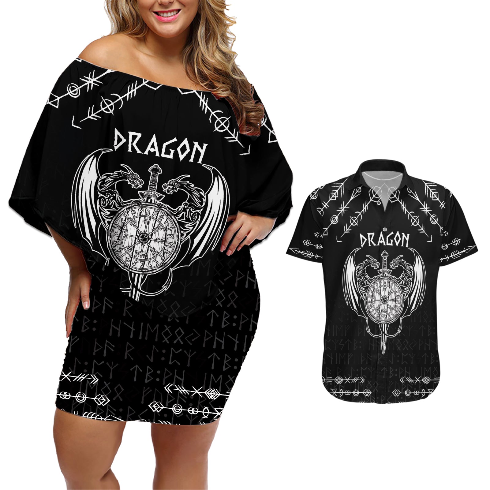 Personalized Viking Dragon Couples Matching Off Shoulder Short Dress and Hawaiian Shirt with Sword Black Scandinavian Tattoo LT9 - Wonder Print Shop