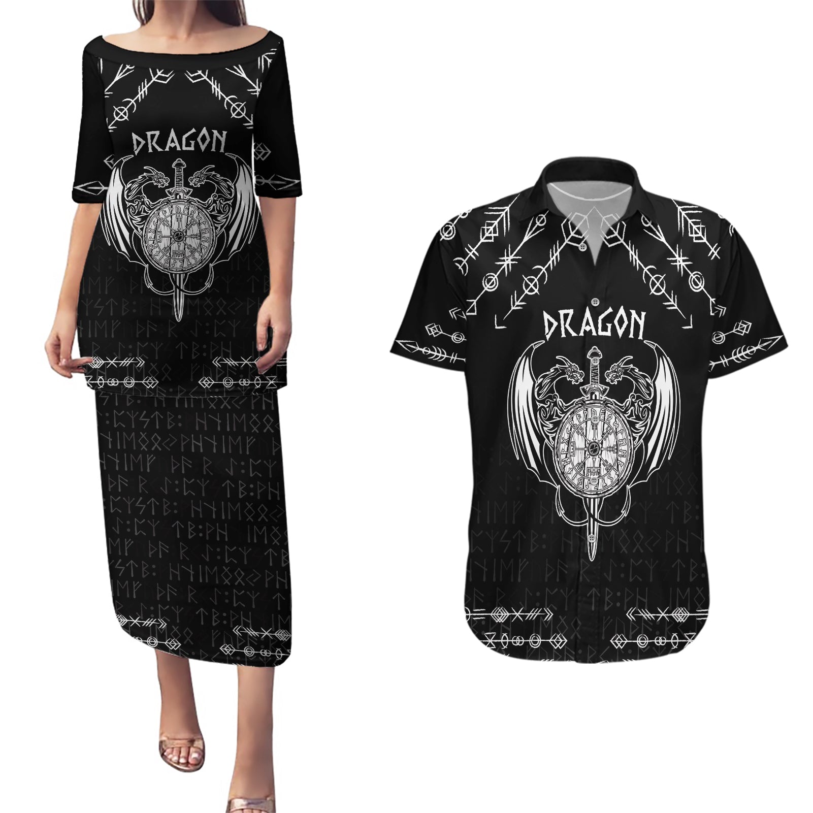 Personalized Viking Dragon Couples Matching Puletasi and Hawaiian Shirt with Sword Black Scandinavian Tattoo LT9 - Wonder Print Shop