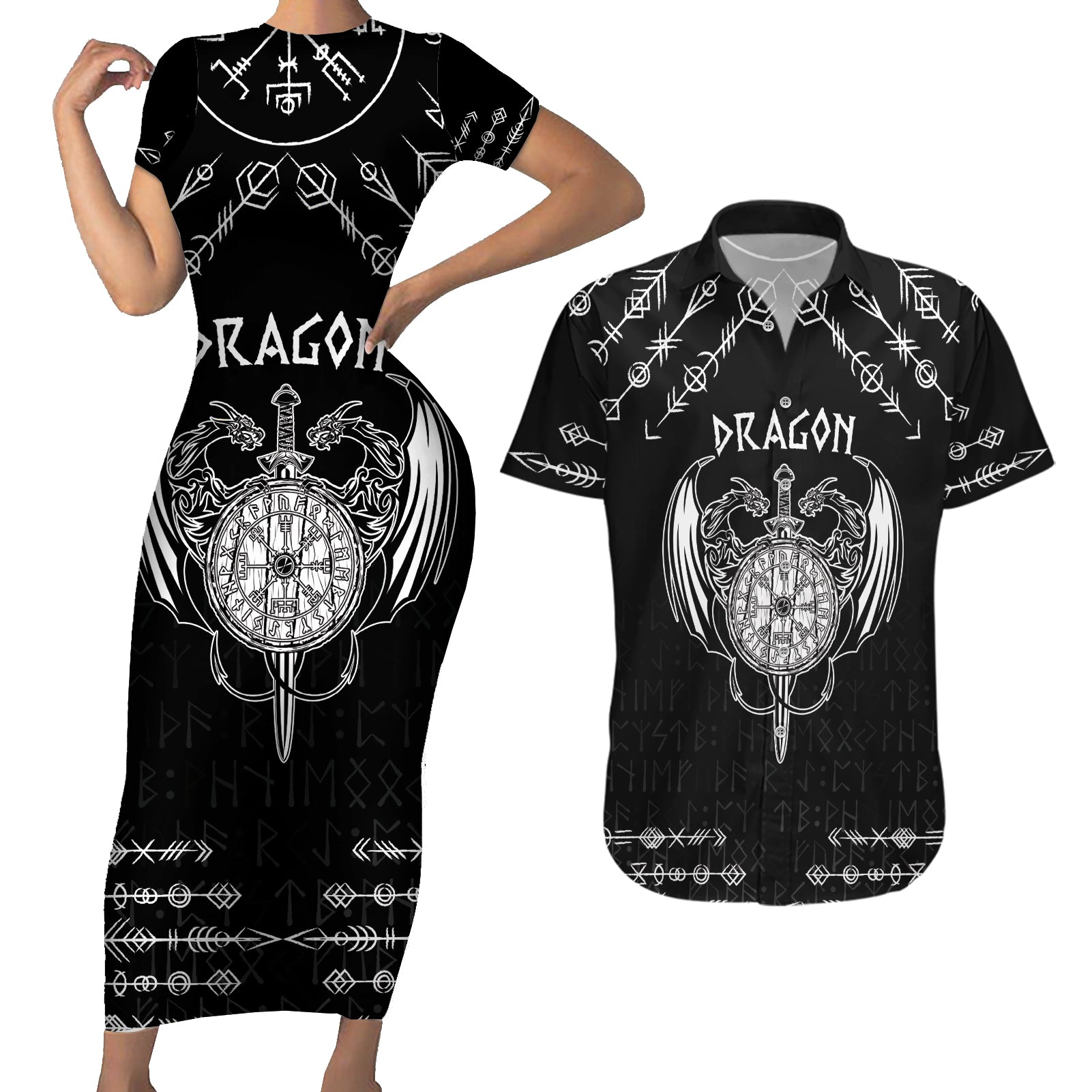 Personalized Viking Dragon Couples Matching Short Sleeve Bodycon Dress and Hawaiian Shirt with Sword Black Scandinavian Tattoo LT9 - Wonder Print Shop