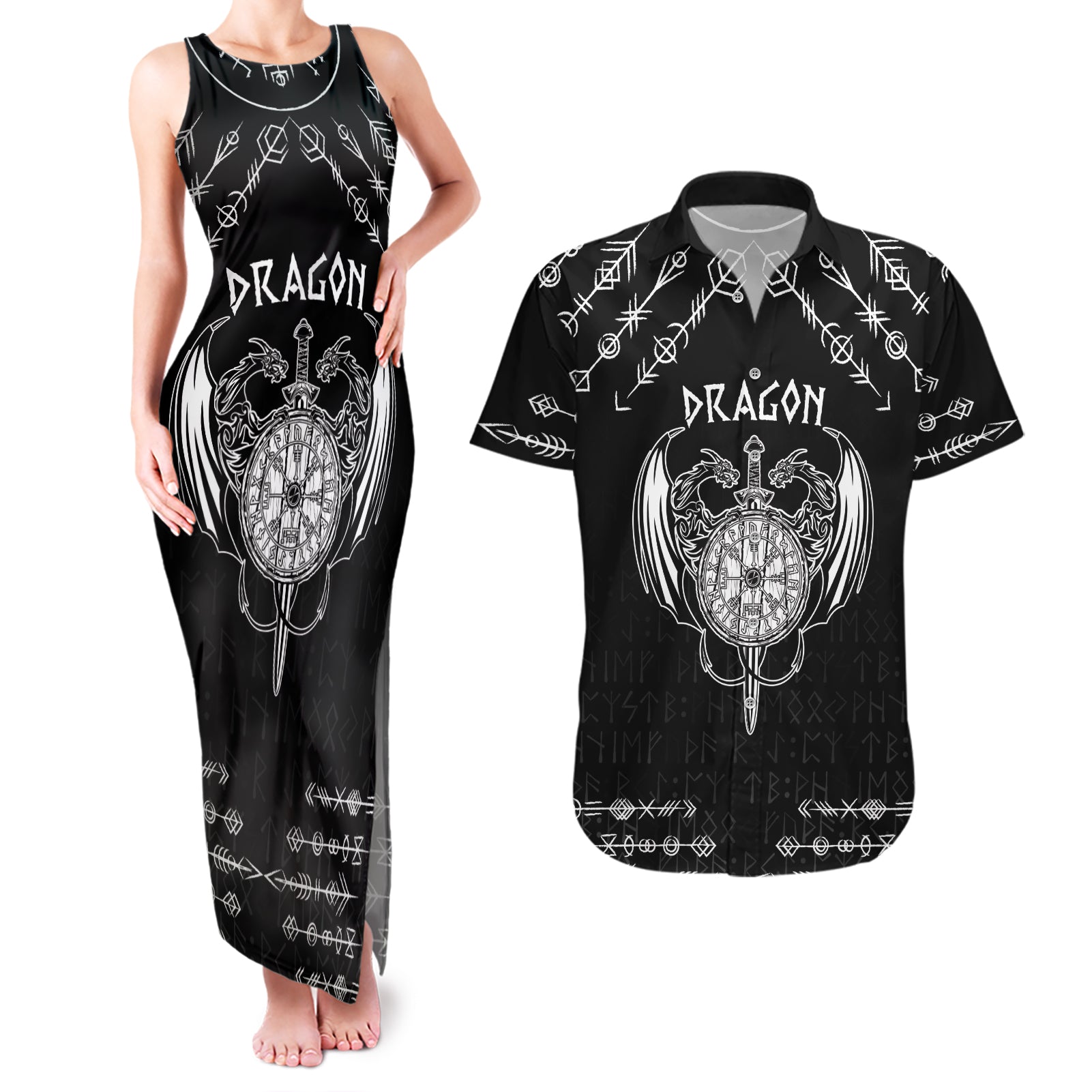 Personalized Viking Dragon Couples Matching Tank Maxi Dress and Hawaiian Shirt with Sword Black Scandinavian Tattoo LT9 - Wonder Print Shop