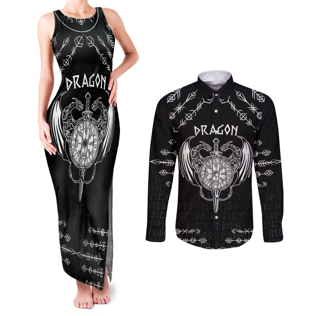 Personalized Viking Dragon Couples Matching Tank Maxi Dress and Long Sleeve Button Shirt with Sword Black Scandinavian Tattoo LT9 - Wonder Print Shop