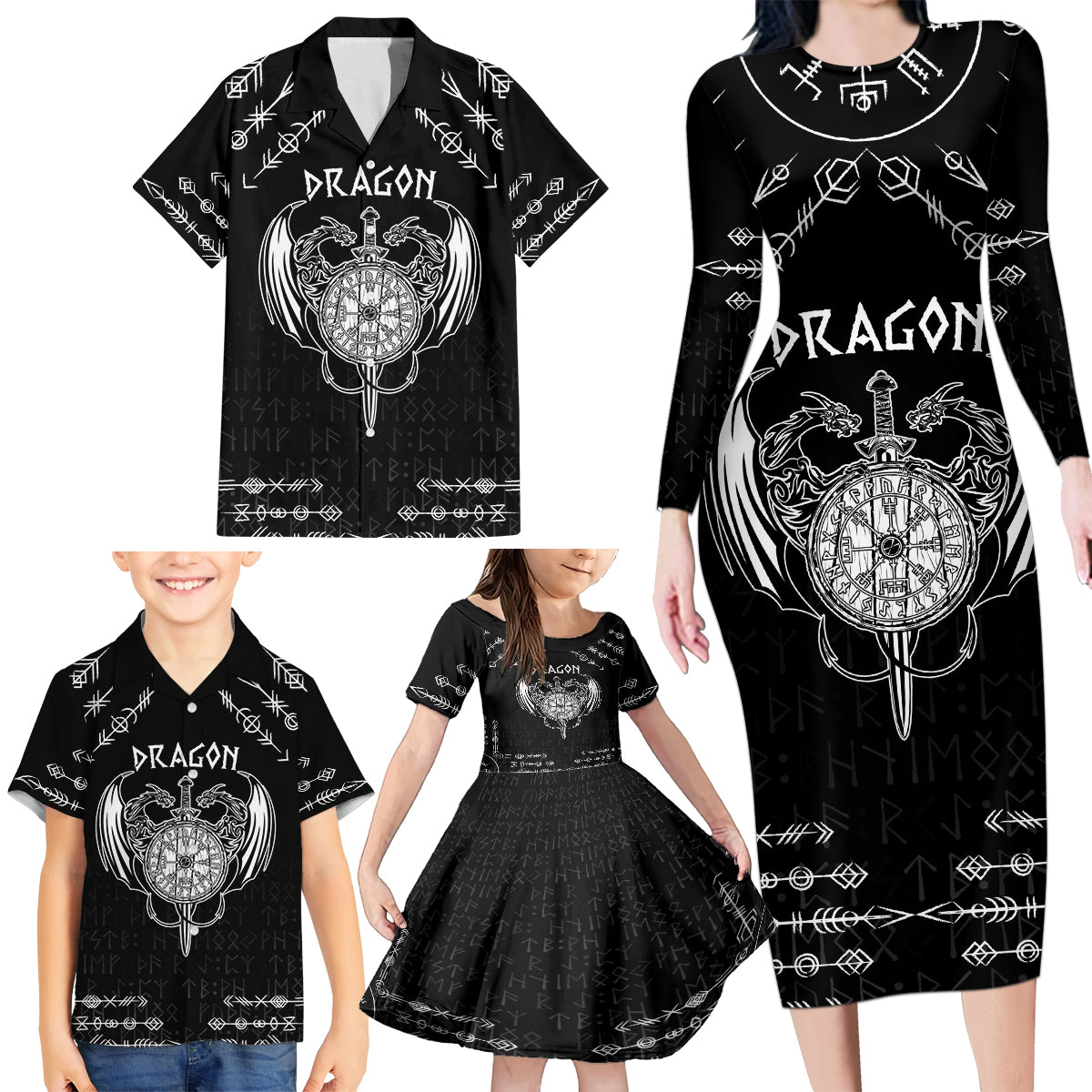 Personalized Viking Dragon Family Matching Long Sleeve Bodycon Dress and Hawaiian Shirt with Sword Black Scandinavian Tattoo LT9 - Wonder Print Shop