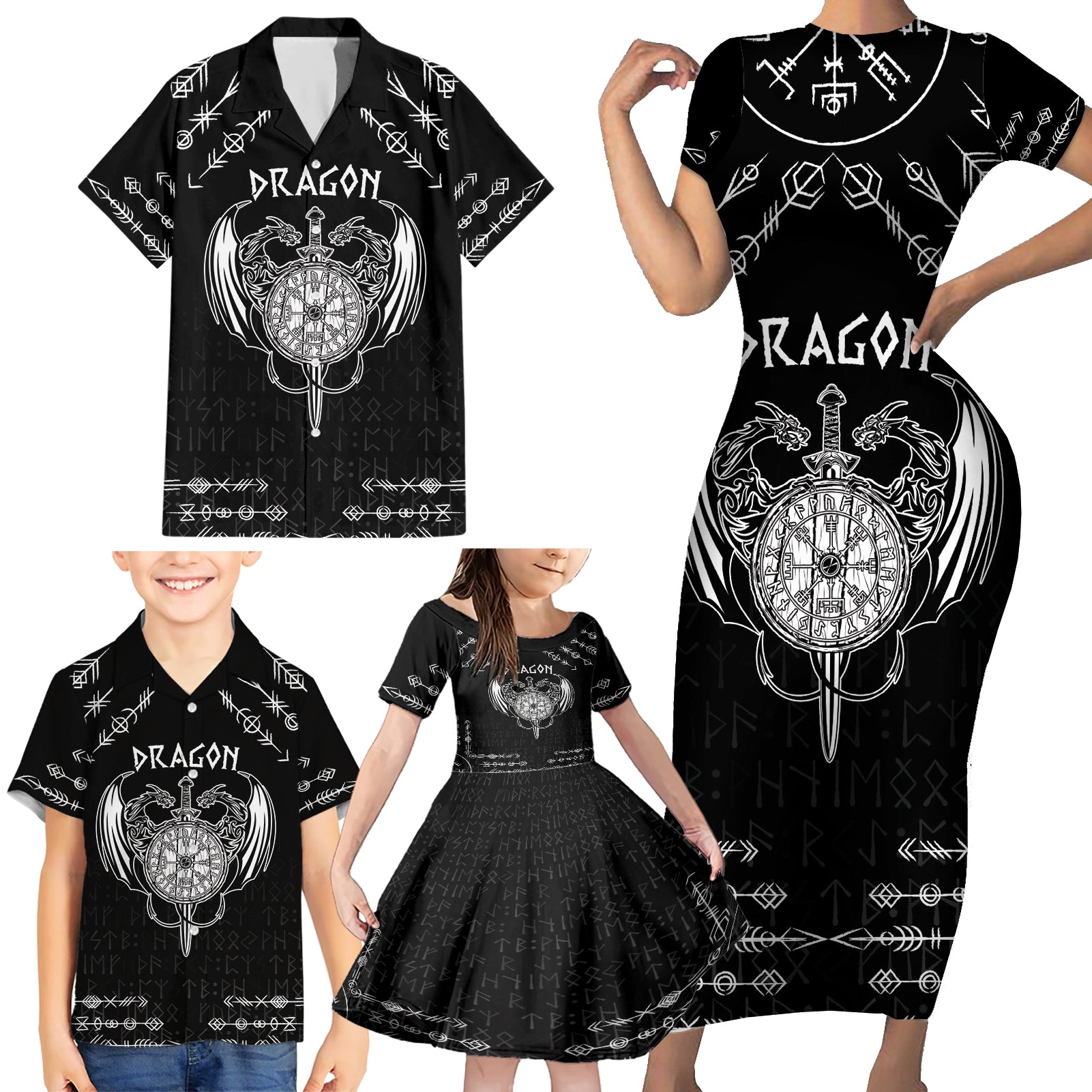 Personalized Viking Dragon Family Matching Short Sleeve Bodycon Dress and Hawaiian Shirt with Sword Black Scandinavian Tattoo - Wonder Print Shop