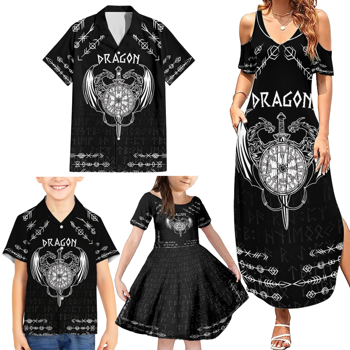 Personalized Viking Dragon Family Matching Summer Maxi Dress and Hawaiian Shirt with Sword Black Scandinavian Tattoo - Wonder Print Shop