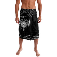 Black knee-length lavalava shorts with Viking dragon and circular emblem print, personalized text