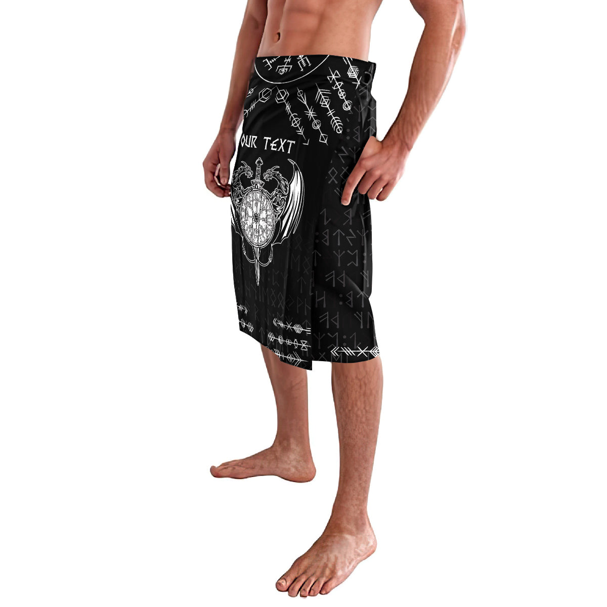 Black knee-length lavalava shorts with Viking dragon face emblem and Your Text panel